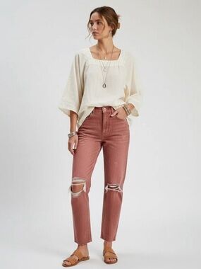 Anthropologie Pilcro Vintage Straight Jeans Burnt Orange Wash Distressed Size 25